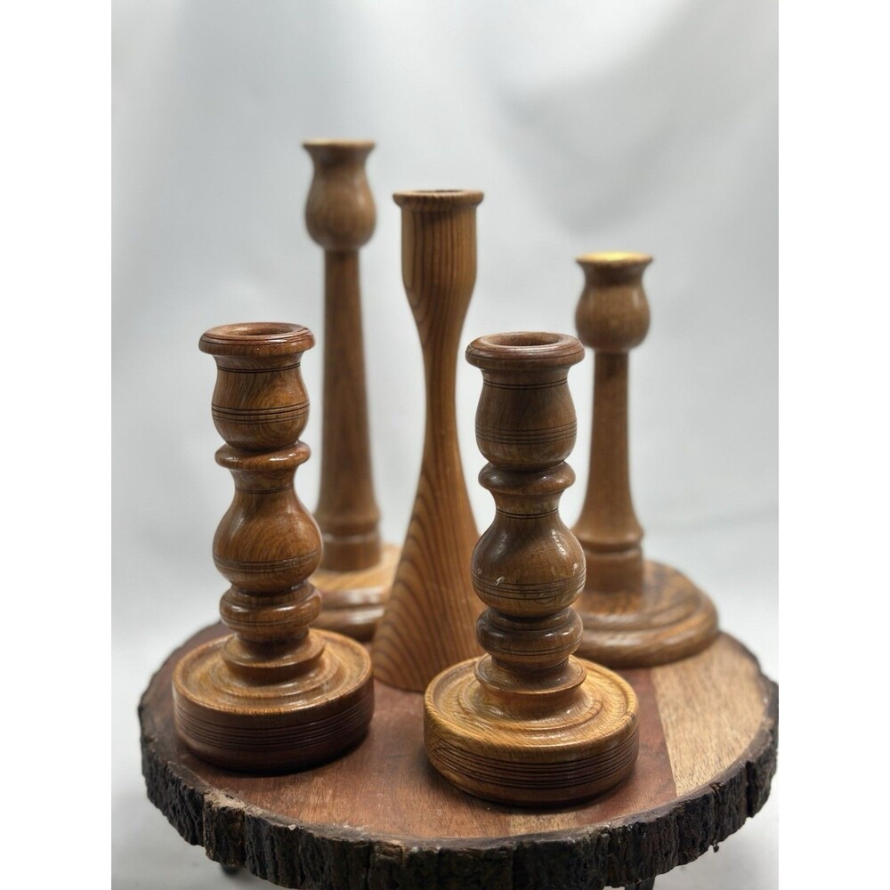 Solid Wood Turned Candlestick Holders Wedding Decor Mantle Lot Of 5